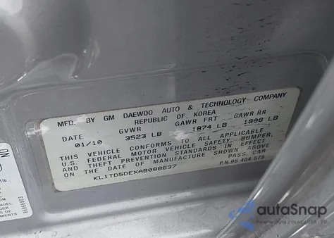 2010 Chevrolet Aveo Lt z USA, uszkodzony, nr VIN KL1TD5DEXAB088637